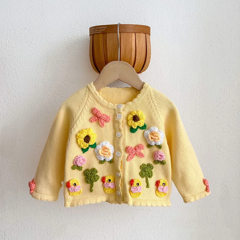 

0-3Y Baby Kids Sweater Autumn 2022 New Hand-Nailed Flower Cardigan Jacket Yellow Baby Knitwear Kids Korean Version