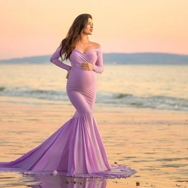 

Long Sleeve V-Neck Maternity Dresses for Photo Shoot Pregnant Women Trailing Long Dress Photography Clothes Long Evening Dress