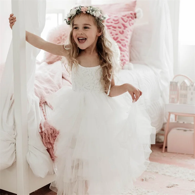 

HoneyCherry New Fashion Girls Lace Halter Cake Dress Flower Girl Solid Colour Wedding Princess Dress Girls Clothes