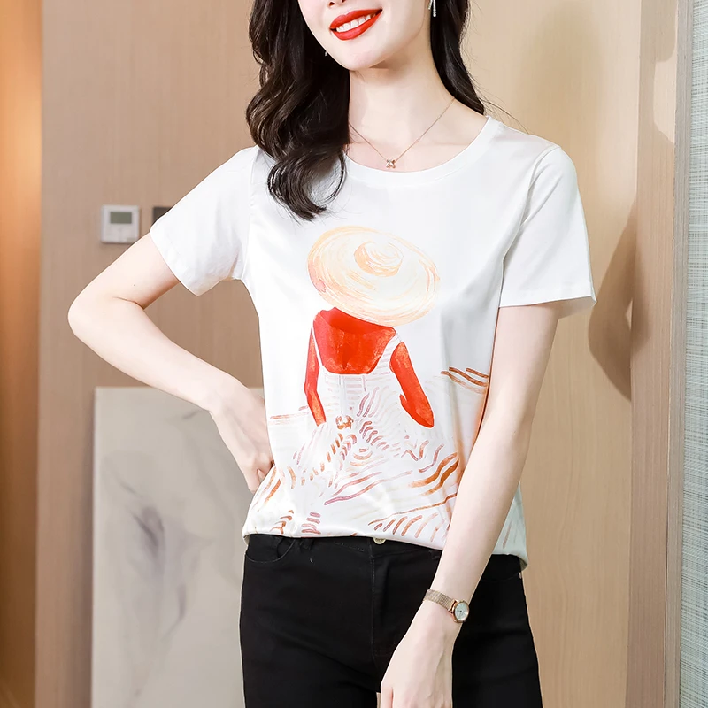 

Nylon Cotton Women's T-shirt Summer New Loose Top Printing O-neck Short Sleeve Casual Fashion Tees