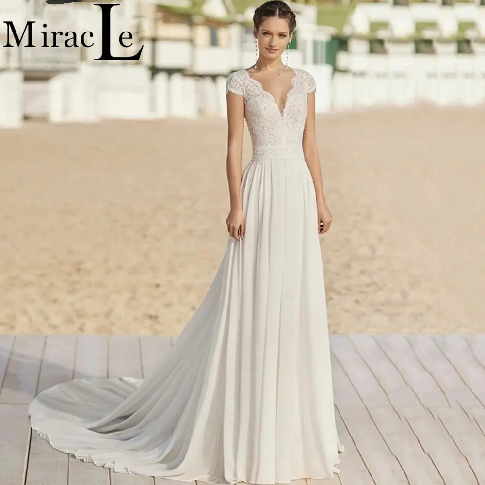 

Boho Illusion V Neck Wedding Dresses For Women A Line Button Wedding Gown For Bride Floor Length Backless 2022 Robe De Mariée