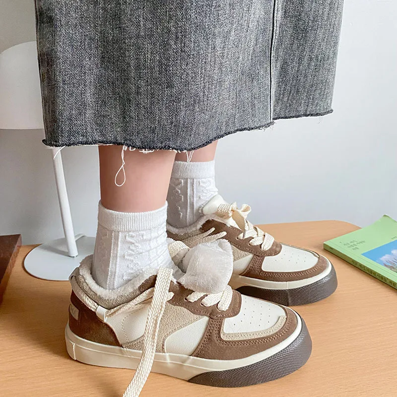 

Warm Fur Plush Sneakers Women Autumn Winter Casual Kawaii Shoes Woman Lace Up Sports Shoes Female Vulcanized Flat Footwear