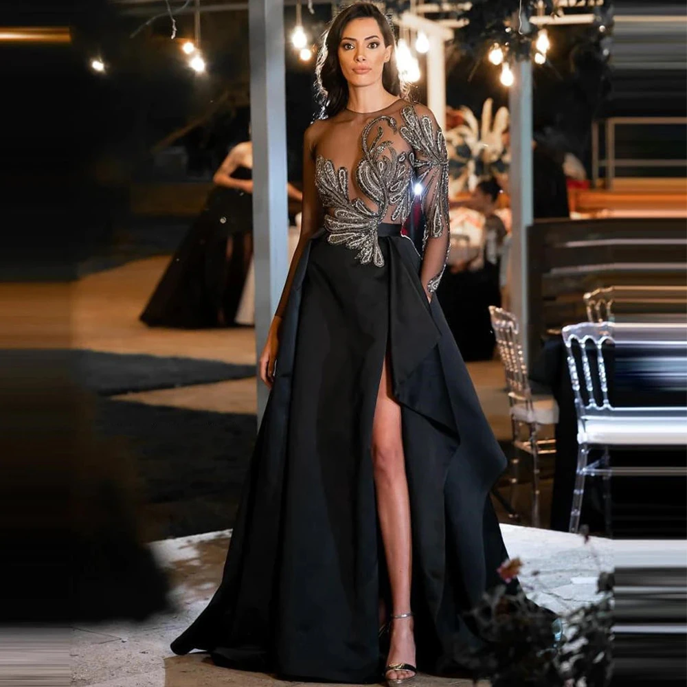 Купи Modern Fashion Illusion Evening Dress Black High Slit Tulle and Satin Applique Long Sleeve Party Gowns for Women Custom Made за 6,295 рублей в магазине AliExpress