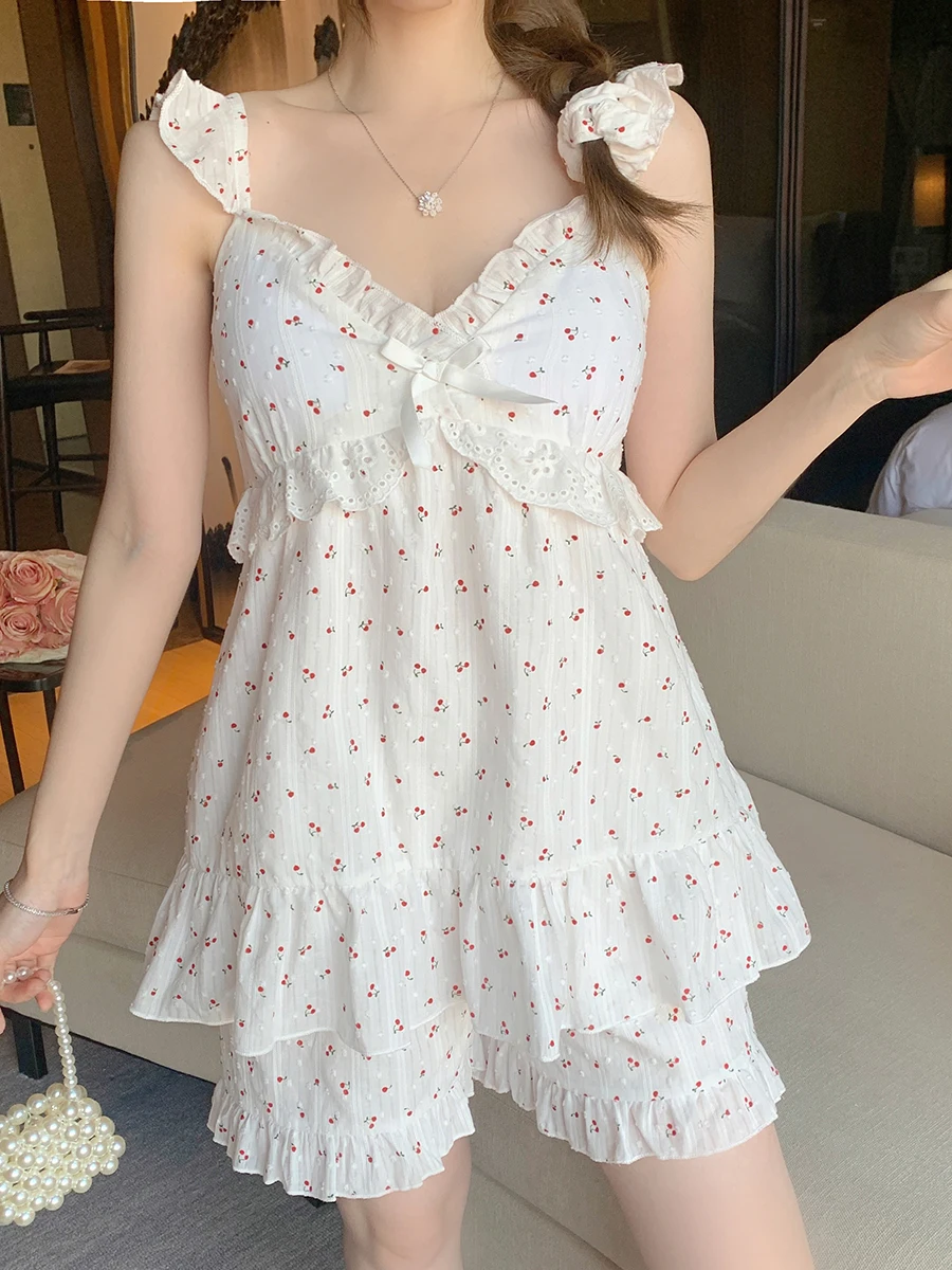 Japanese retro floral cotton pajamas women's summer sexy sling homewear set with chest pad