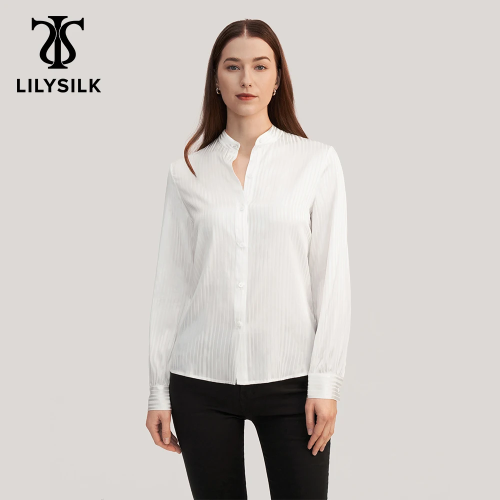 LILYSILK Women 19 Momme Silk Shirt Femme Elegant Mandarin Collar Striped Button Front Blouse Office Ladies Outfits Free Shipping