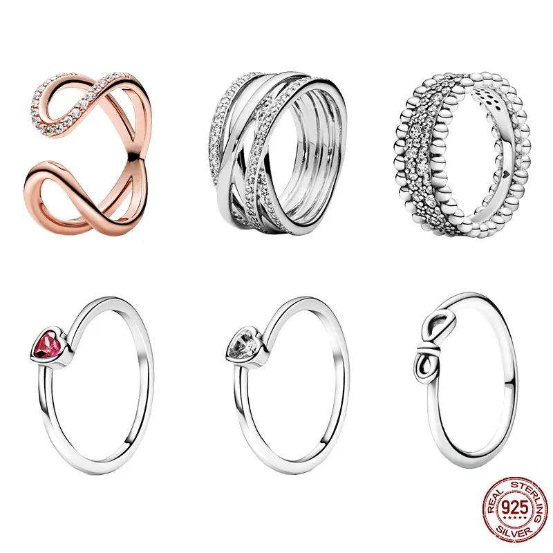 

Top Sale 100% 925 Sterling Silver Rings Sparkling Love Heart Rings Series Fit Pan Wedding Rings Women Brand Jewelry Anniversary