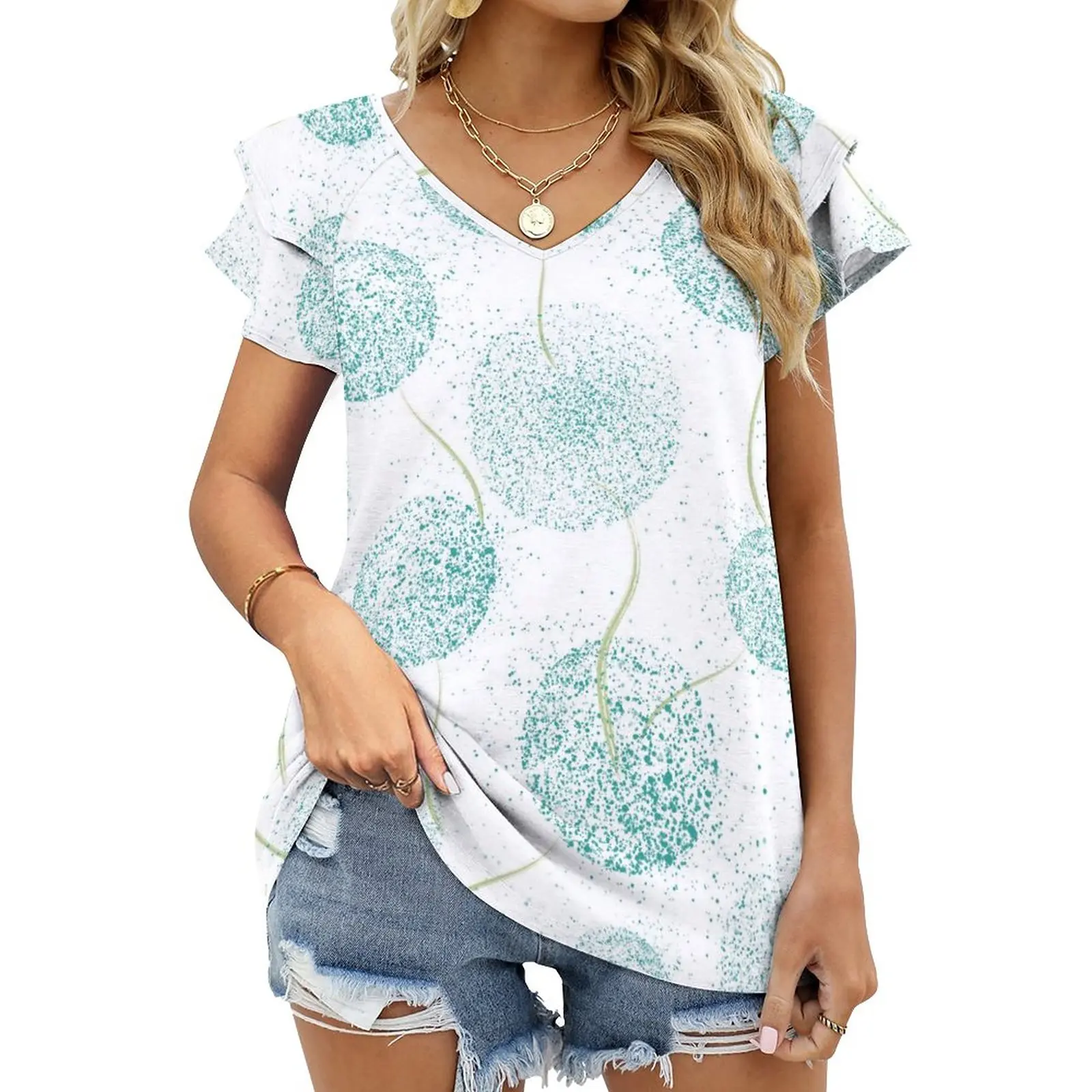 

Fashion Woman Blouse 2023 T-shirt Women's Clothing Free Shipping Offers Ruffled V-neck Top Y2k Style