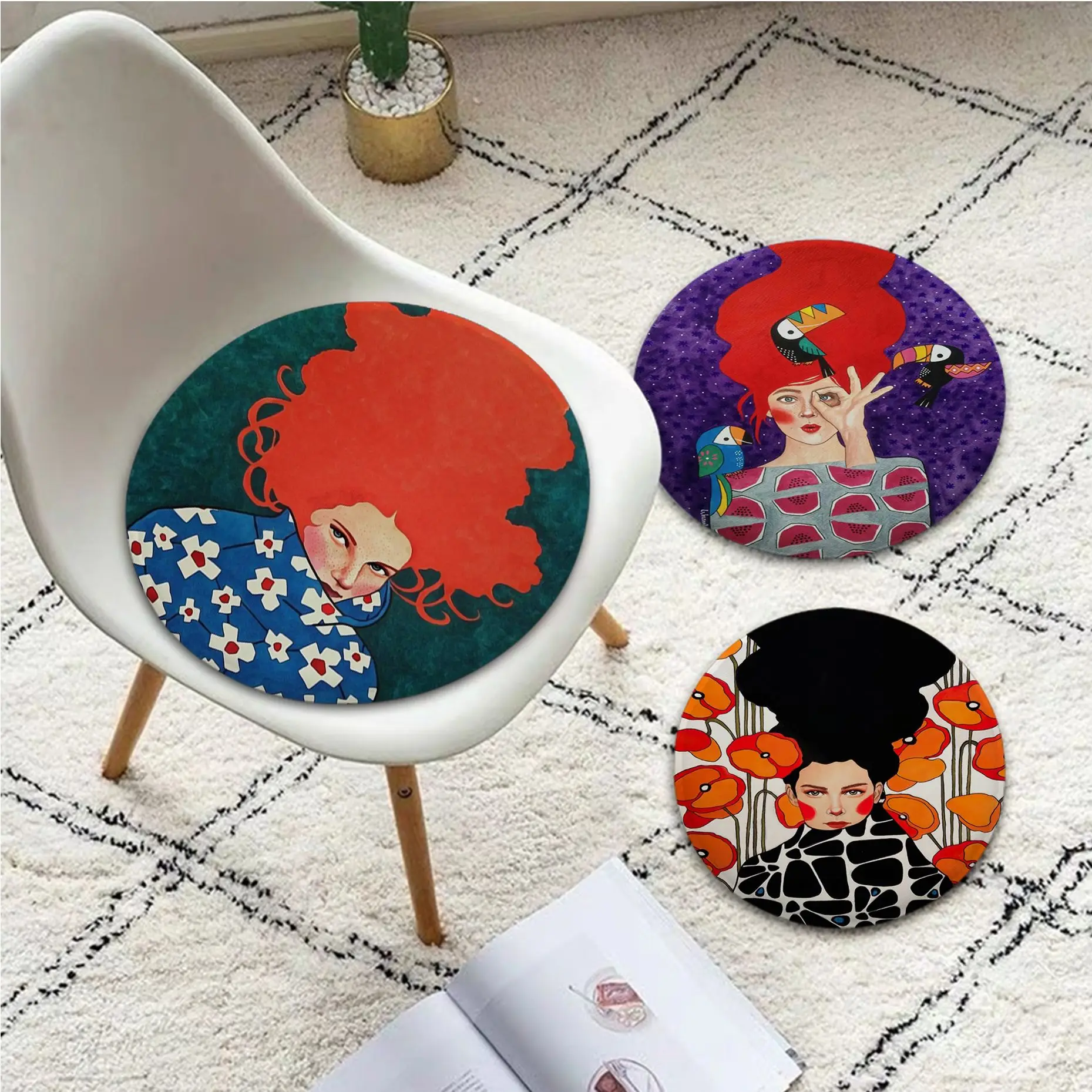 

Vintage Abstract Girl Hair Flower Women Nordic Printing Fabric Cushion Living Room Sofa Decor Stool Tatami Office Cushions