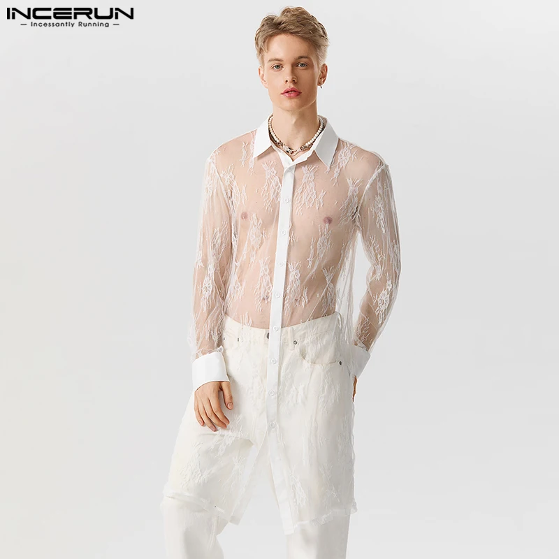 

INCERUN Tops 2023 American Style New Men's Fashion Lace Printing Shirts Casual Long-style See-through Long Sleeved Blouse S-5XL