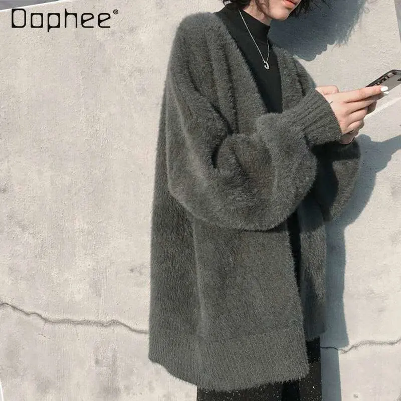 

Новый модный осенний шерстяной свободный свитер с V-образным вырезом, пальто для женщин, повседневный однотонный вязаный свитер, кардиган для женщин