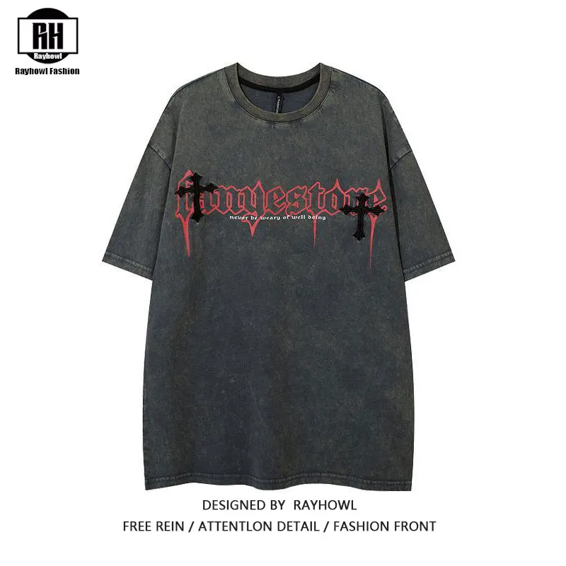 

Rayhowl New Hip-Hop Street Cotton T-Shirt Trend Original Design Washed And Worn Out Personality Short-Sleeved Men And Women Tops