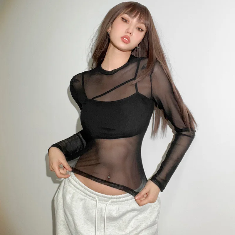 

t shirt for womenSpice Girl Style Sexy mesh perspective mesh top with thin black suspender two piece set