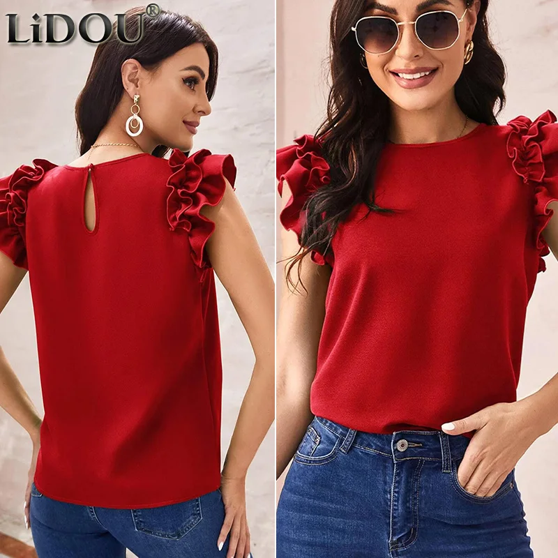 

Summer Clothes for Women 2022 Fashion Ruffles Patchwork Sleeveless Casual Crew Neck T-shirts All-match Slim Solid Top Female