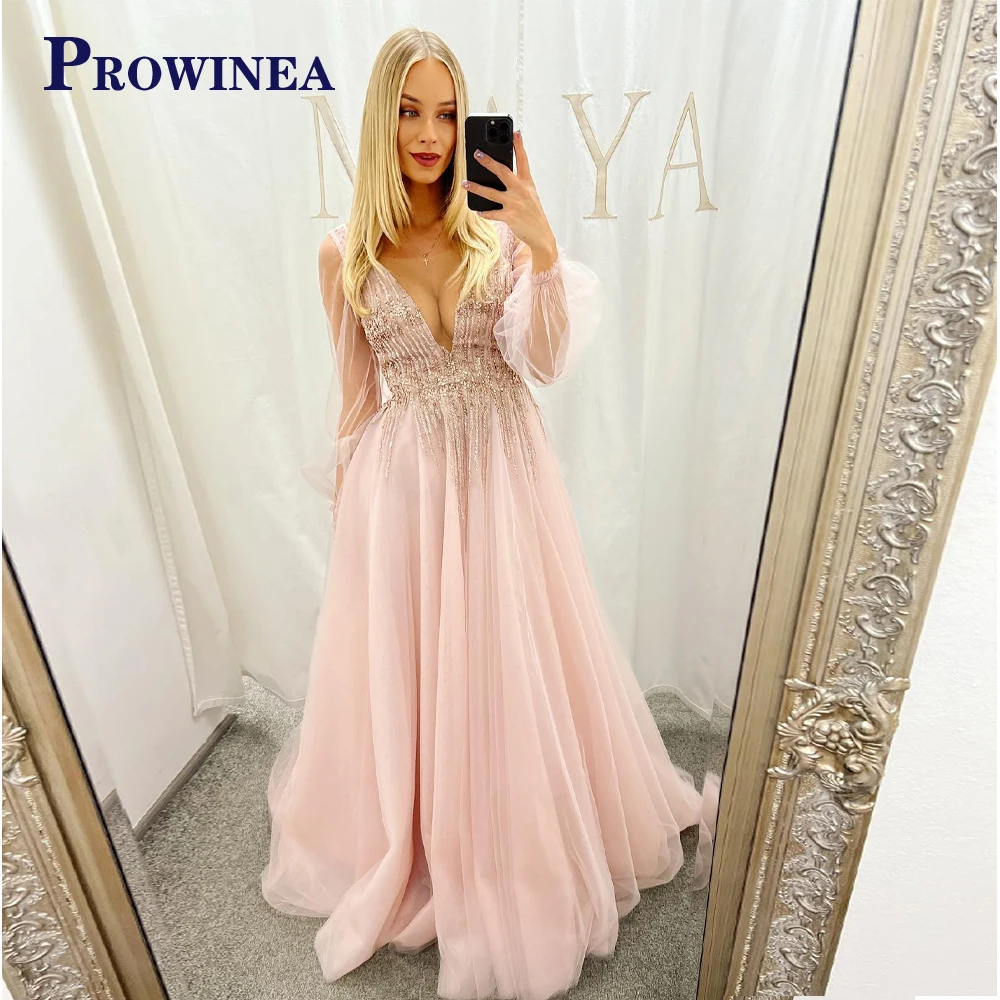 

Prowinea Modern Scoop Crystal Long Sleeve Chain Evening Party Tulle For Women Abendkleider Floral Print Made To Order Appliques
