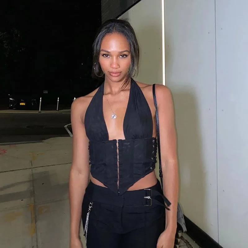 

ZELI Summer Y2K Sexy Women's T-shirt Crop Tops Tanks Camis Open Back Chest and Navel Vest Women's Neck Spice Girls Clothing