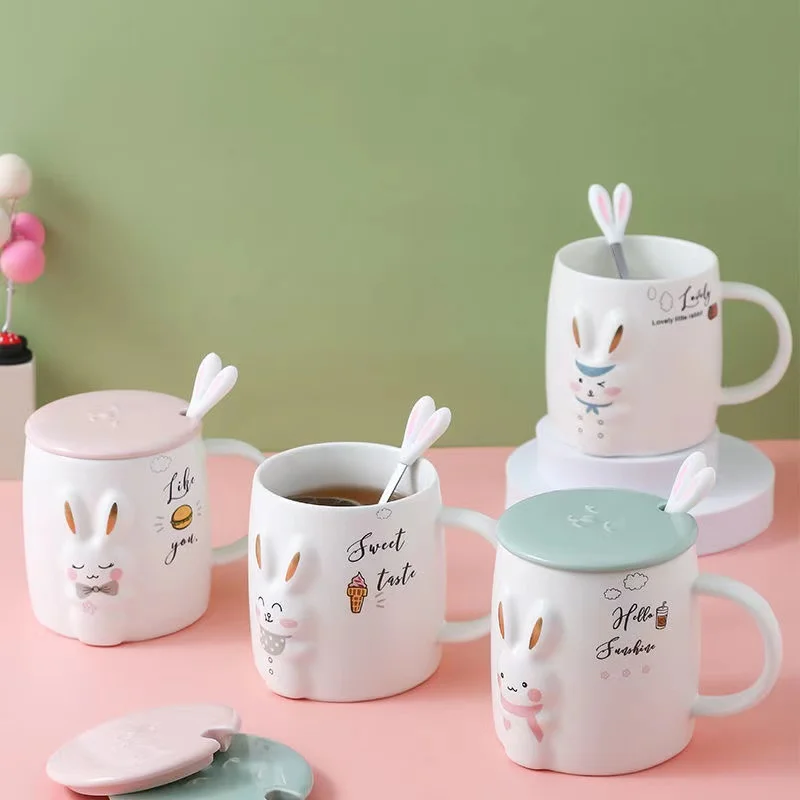 

Cute Rabbit Ceramics Mug With Lid and spoon 460ml large capacity Bunny Mug Coffee Milk Juice Wate Tea cup Drinkware Novelty Gift