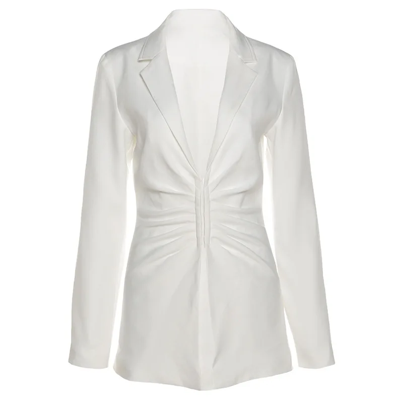 2021 Autumn Fashion Casual Simple Solid White Turn-down Collar Single Breasted Suit Women's Office Lady Long Coat Skinny Blazers