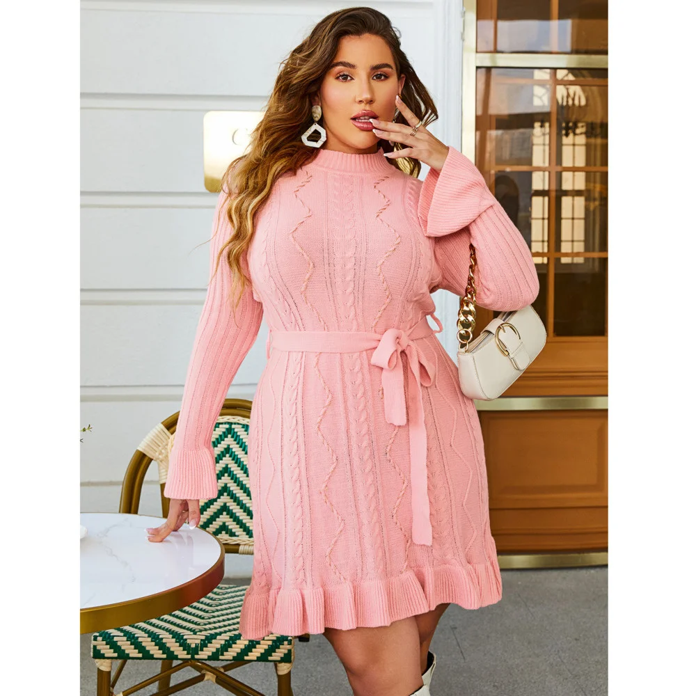 2022 Woolen Vacation Wind Lotus Leaf Sleeve Large Plus Size Dress Autumn Winter Round Neck Long Sleeve Pullover Women's Dress