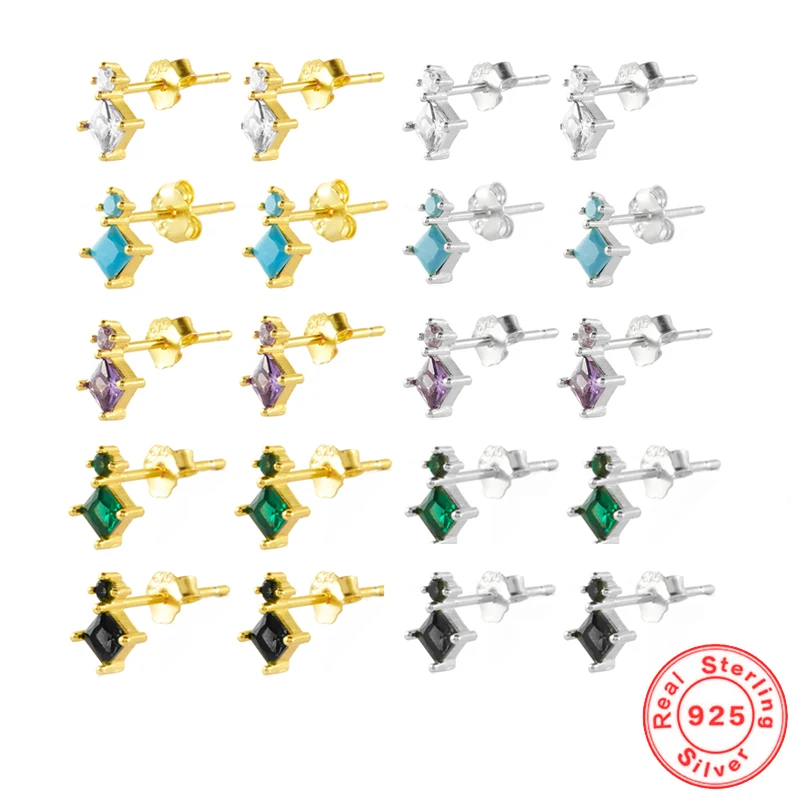 

Simple INS Multicolor Mini Geometric Crystal Zircon Stud Earrings 925 Sterling Silver Gold Silver Color Earrings Fashion Jewelry