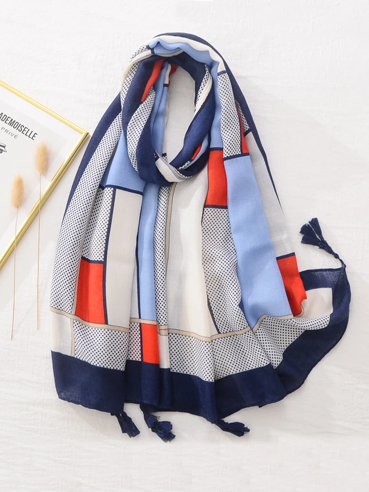 Cotton Linen Women Silk Scarf Soft Geometric Print Tassel Beach Shawl Foulard Femme Pareo Muffler Bufanda Stoles Hijab Bandana