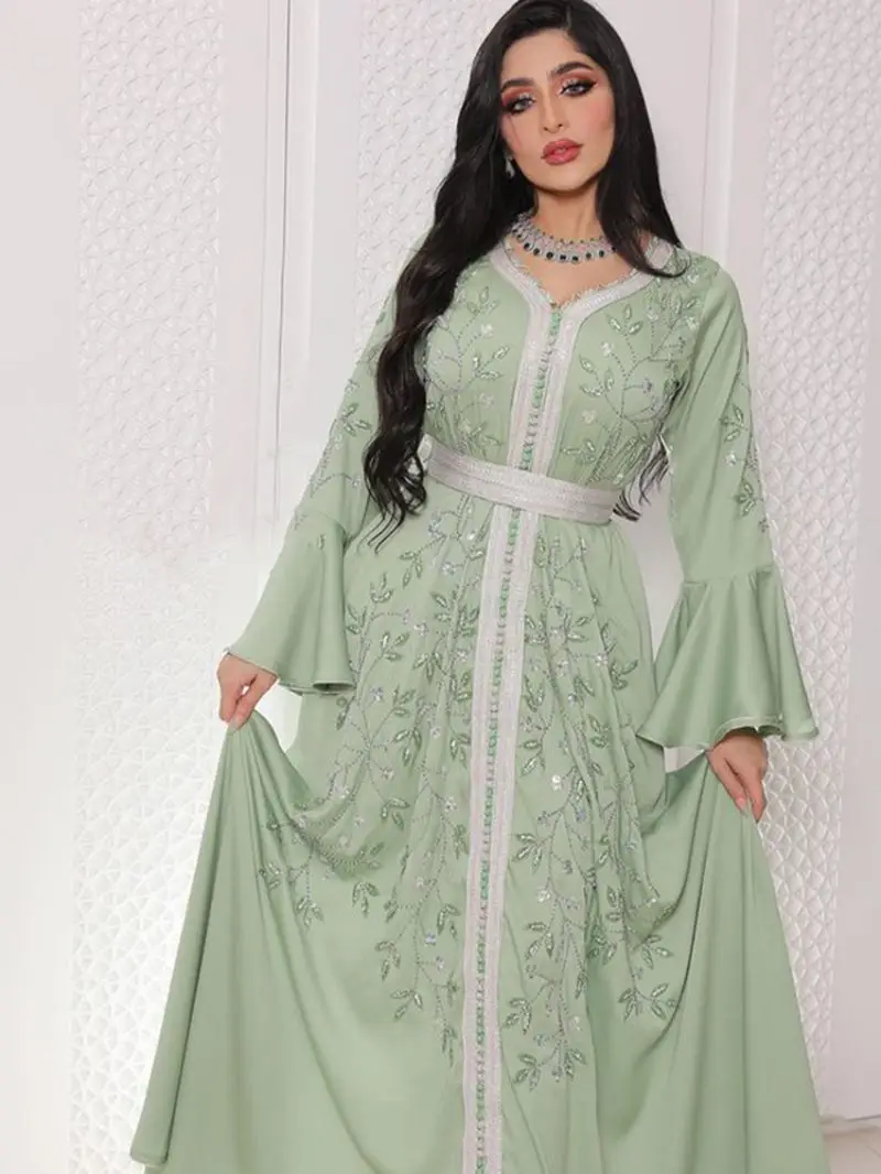 

India Turkey Muslim Abaya Dresses Women Elegant Diamond Wedding Evening Party Dress Lace Belted Jilbab Abaya Morocco Caftan Robe