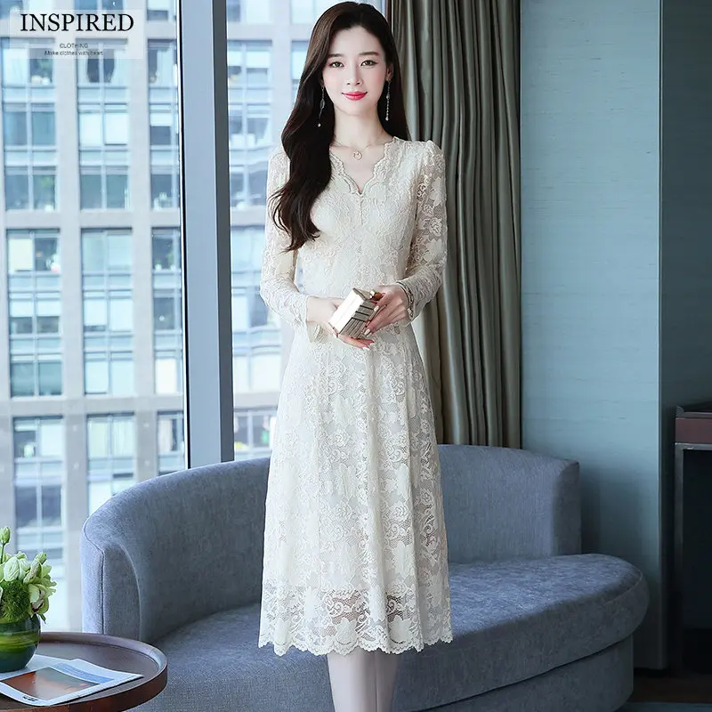

Temperament Retro Lace Stitching Commuter V-neck Dresses for Women's 2022 Autumn New Slim MIDI Skirt Lady Party Office Dress