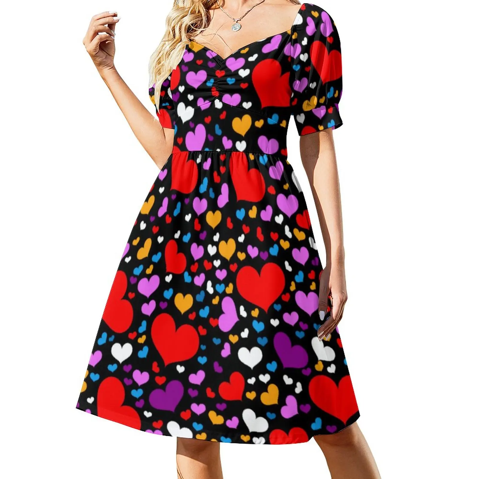 

Colorful Heart Prints Dress Valentines Day Pretty Dresses Women Short Sleeve Aesthetic Casual Dress V Neck Oversize Vestido