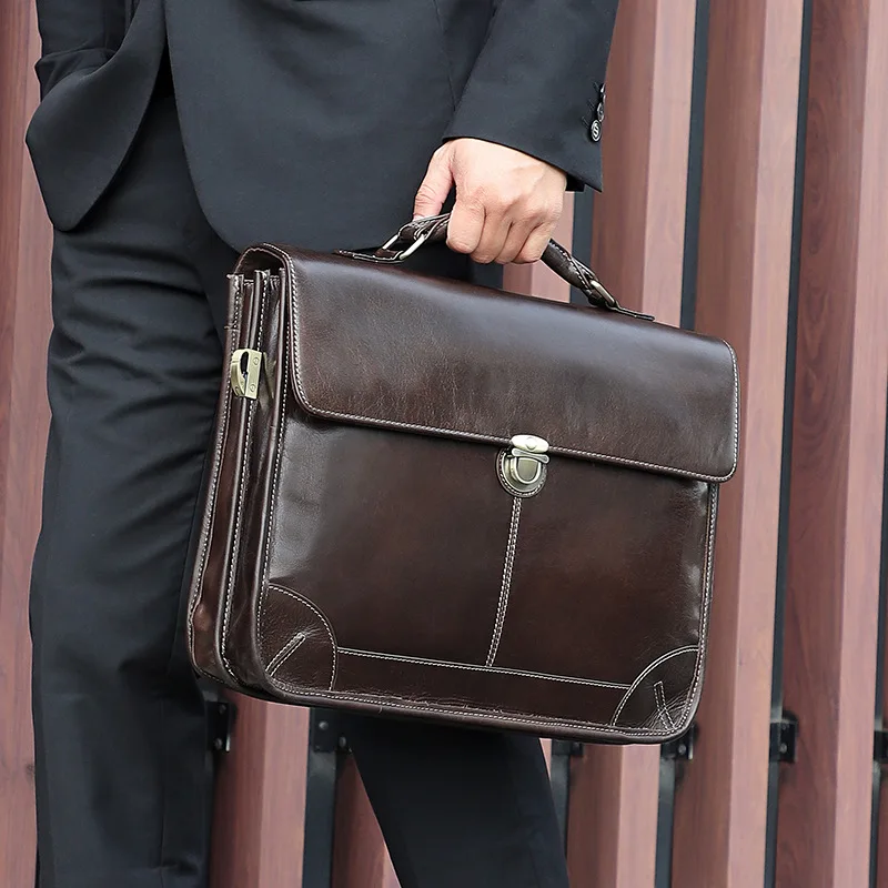 High Quality Business Handbag Men Genuine Leather Briefcase Tote Male A4 Documents Shoulder Bag Men's Laptop Messenger Bag