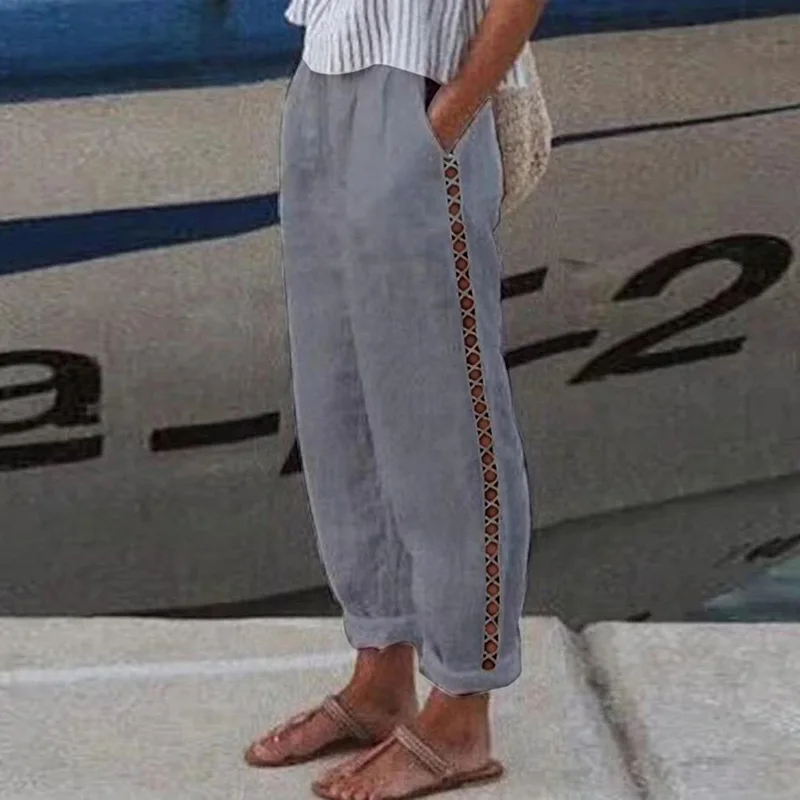 1PC Elegant Elastic Wasit Cotton Linen Hollow Out Trousers Pants Work Wear Summer Solid Color Casual Spring
