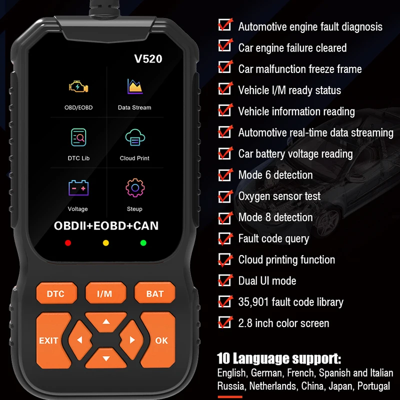 

Профессиональный автомобильный сканер OBD2, диагностический инструмент, считыватель кодов, проверка двигателя MIL, сброс света, 10-язычная поддержка, тест напряжения аккумулятора