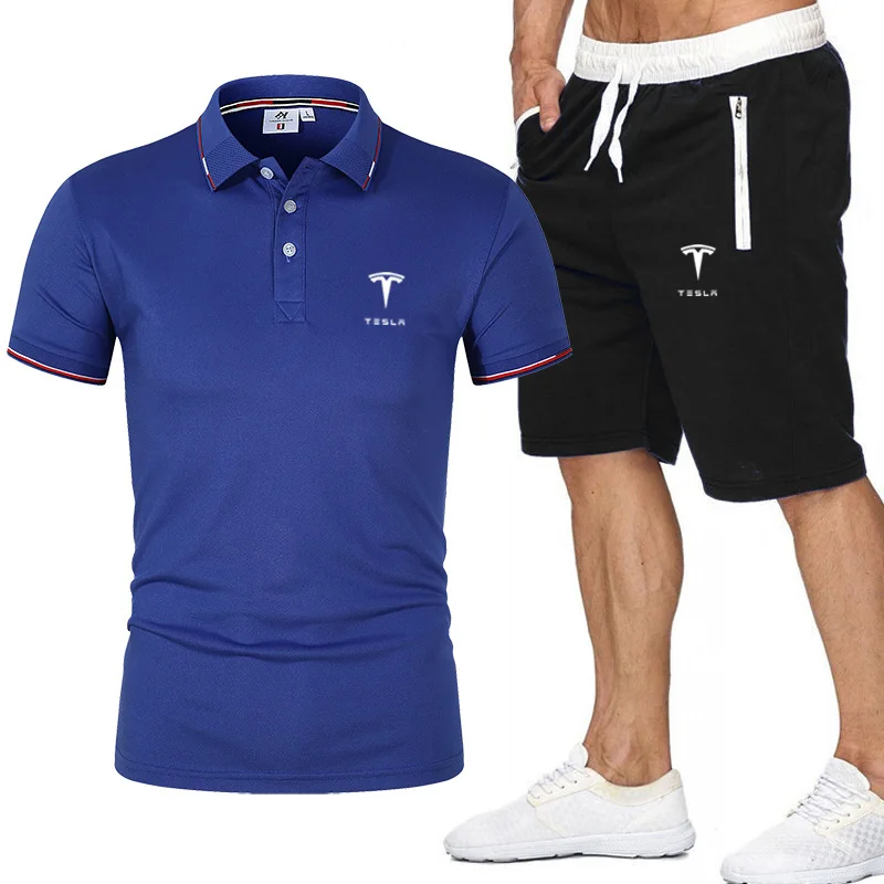 

2022 New Tesla Logo Print Summer Men's Polo Shirts+pants Sets Men Casual Tracksuit Suit Tops+Pants Gyms Fitness Short Men's Sets