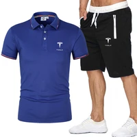 2022 new tesla logo print summer mens polo shirtspants sets men casual tracksuit suit topspants gyms fitness short mens sets