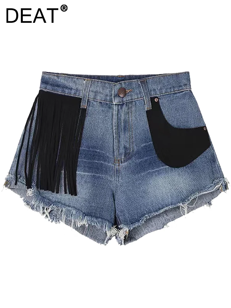 

DEAT Fashion Women's Denim Shorts High Waist Tassel Pocket Irregular Burrs Patchwork Blue Short Jeans Summer 2023 New 17A8401