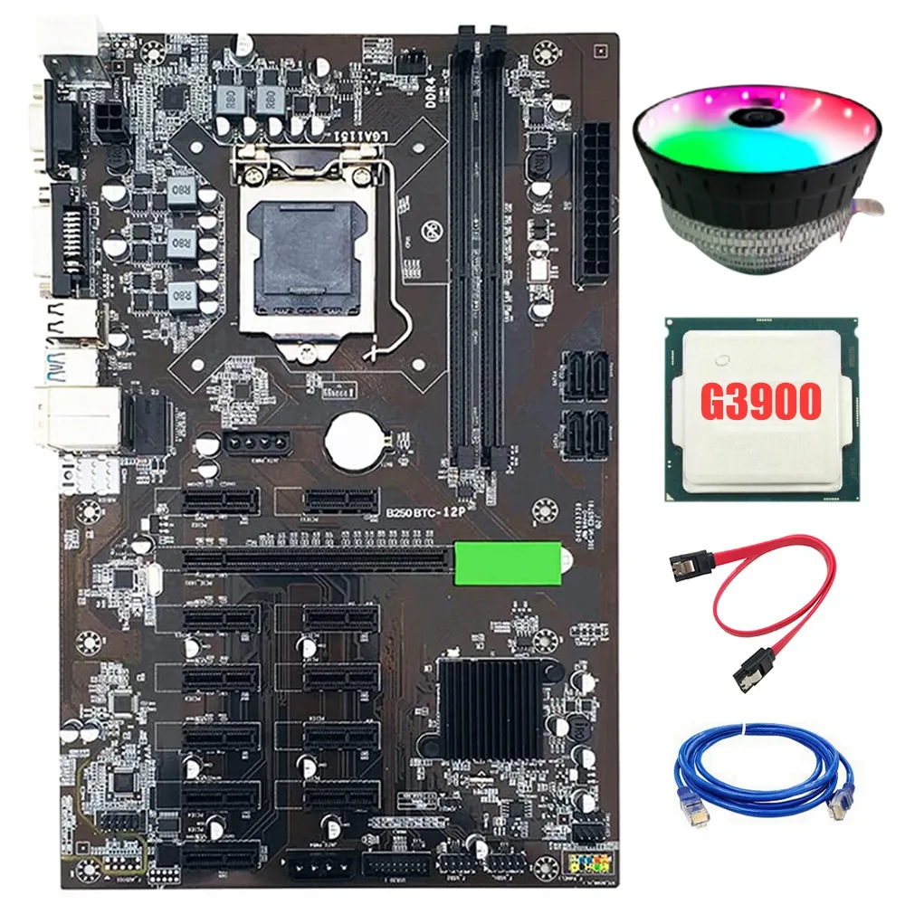 

B250 BTC Mining Motherboard LGA 1151 DDR4 SATA 3.0 USB 3.0 with Cooling Fan+G3900 CPU for Graphics Card ETH Miner