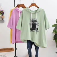 new summer large size cotton hooded t shirt womens short sleeved loose korean version casual bf half sleeve t shirt