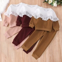 spring autumn girls clothing sets patchwork lace ruffles long sleeve topstrousers 2pcs sets fashion children kids clothes 1 6y