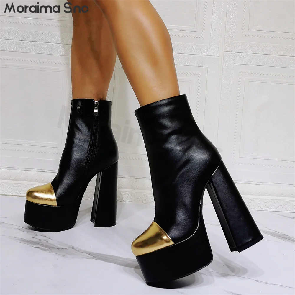 Halloween Gold and Black Color-Block Booties Block Heel High Heel King Size Side Zipper Women's Shoes Fashion Booties