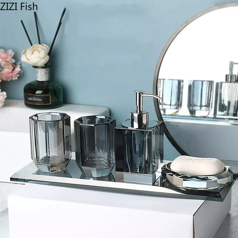

NEW Crystal Glass Bathroom Kit Couple Mouthwash Cup Tray Wash Set Press Soap Dispenser Light Luxury Home Bathroom Accessories Se