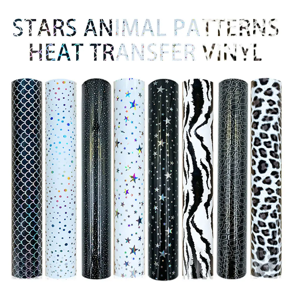 

12in x 10in 8Pcs/Set Star Scale Zebra Pattern Heat Transfer Vinyl Iron on Tshirts HTV Sheets DIY Fabric Pillows Decor For Cricut