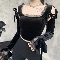 mall goth lace black velvet crop top y2k gothic lace patchwork long sleeve t shirt women chic aesthetic bandage hollow out tops