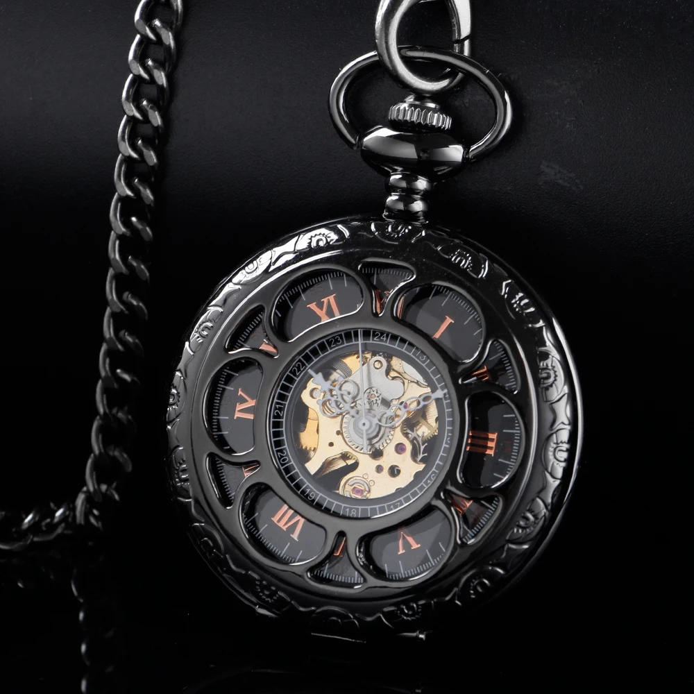New Black Sculpture Pocket Watch Mechanical Men's Handwind Steam Punk Necklace Fob Watch Chain Roman Digital Clock Women's Men