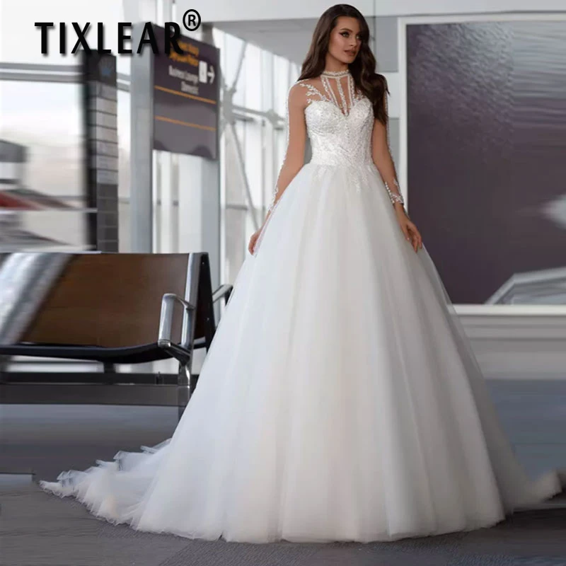 

Женское свадебное платье с блестками TIXLEAR, простое ТРАПЕЦИЕВИДНОЕ ПЛАТЬЕ с круглым вырезом и длинными рукавами, свадебное платье с открытой...