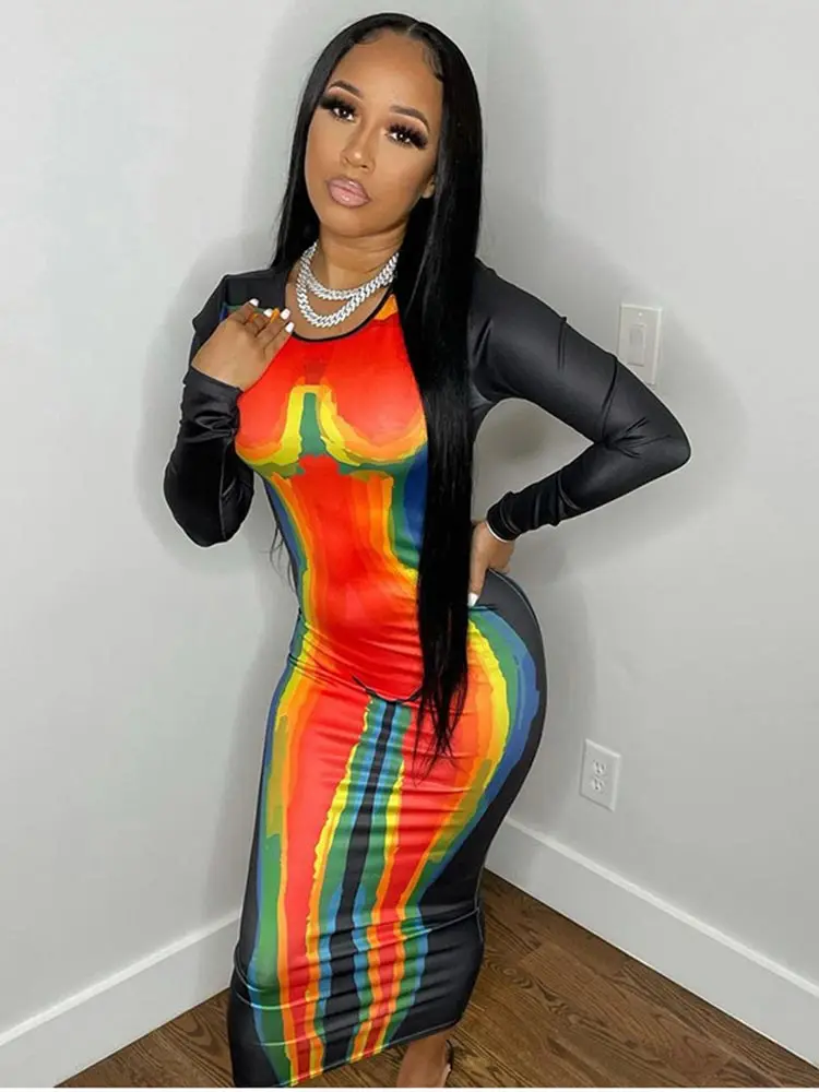

Женское сексуальное платье с длинным рукавом и принтом, модные облегающие платья, лето 2022, женская уличная одежда, вечерние Клубные платья