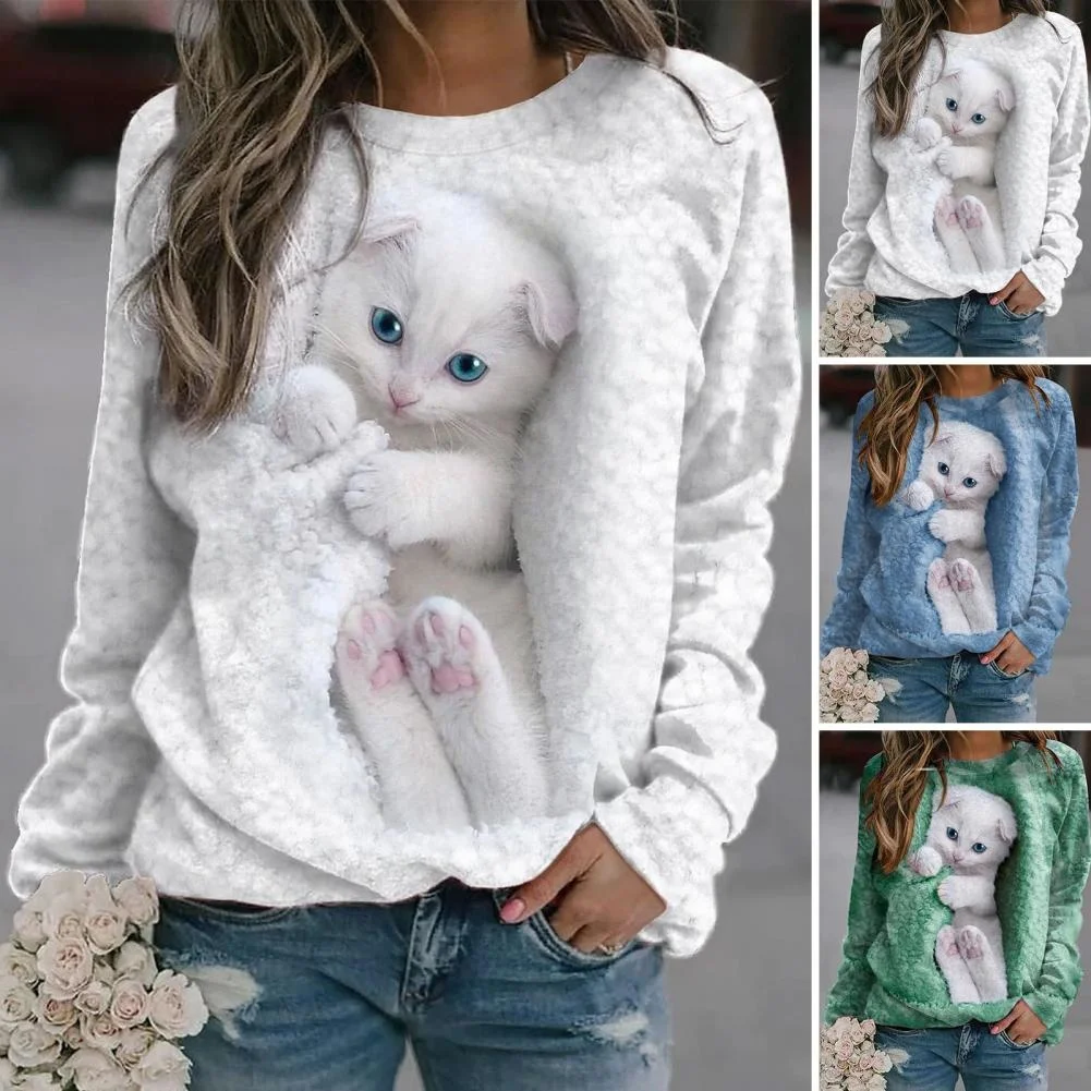 

Casual Loose Sweatshirt Women's White Cute Cat Print Hoodie 2023 Autumn O Neck Splicing Long Sleeve 3D Animal Female Daily Tops
