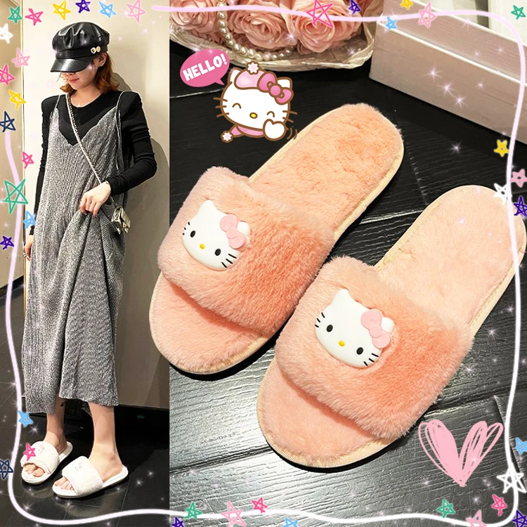 

Hello Kitty Slippers Villous Kawaii Spring Outside Soft Non-Slip Delicate Anime Sanrioed Cute Stylish Girls Gift Lovely Cute