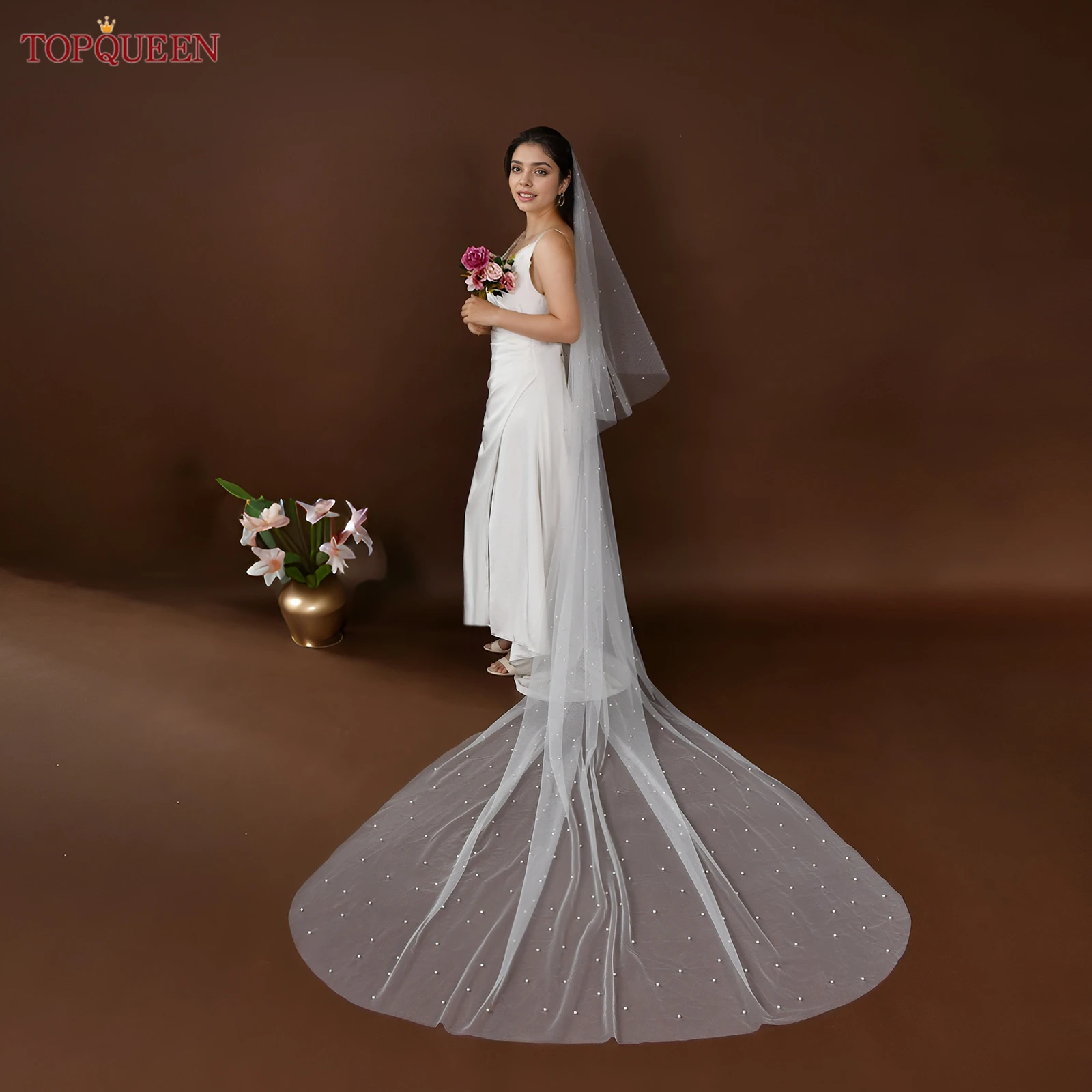 Фото TOPQUEEN V114 Жемчужная свадебная фата, двухслойные румяна Velo De Novias, свадебные аксессуары для собора, настраиваемые №2
