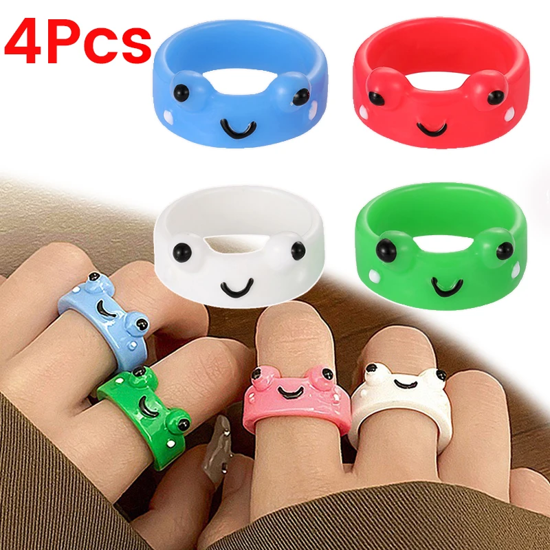 

4Pcs Cute Frog Rings for Lover Polymer Clay Resin Acrylic Ring for Women Girls Couple Ring Summer Fashion Animal Jewelry Gifts