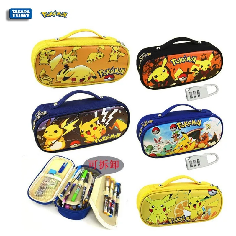 Pokemon Pikachu büyük kapasiteli şifre kalem kutusu öğrenci kırtasiye çift kalem çanta fermuarlı çanta butik okul malzemeleri