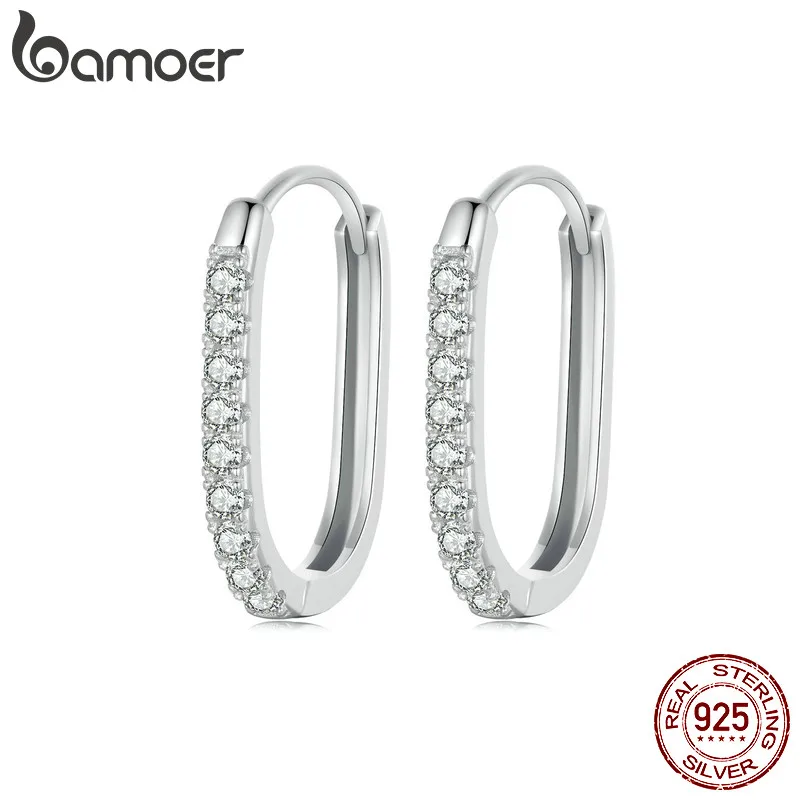 

Bamoer 925 Sterling Silver Rectangle Ear Buckles Elegant Zircon Hoop Earrings for Women Engagement Wedding Fine Jewelry Gift