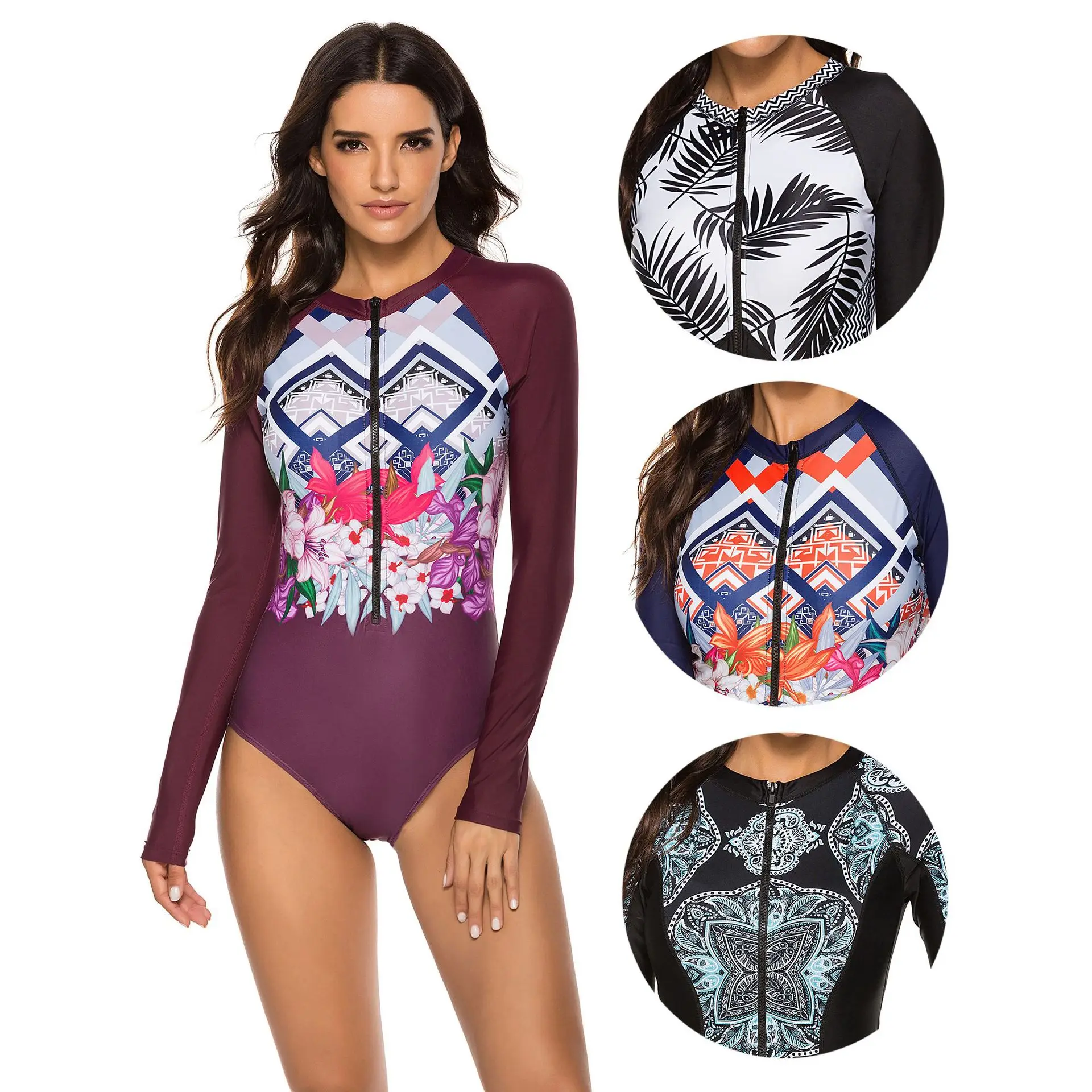 Bathing Suit Women Surf Swimsuit Long Sleeve Printed Plus Size Swimwear Women Zipper One Piece Rash Guard Diving Clothes XXXL